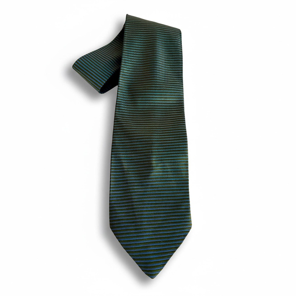 Vintage Yves Saint Laurent Silk Tie – Blue & Olive Striped Designer YSL, France